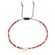 Glass Imitation Pearl & Seed Braided Bead Bracelets, Adjustable Bracelet, Red, 11 inch(28cm)(WO2637-06)