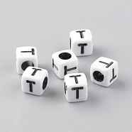 Opaque Acrylic Beads, Horizontal Hole, Letter Style, Cube, Letter.T, 6x6x6mm, Hole: 3mm, about 204pcs/34g(X-SACR-Q188-02T)
