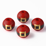 Painted Natural Wood Beads, Round with Belt, Christmas Style, Red, 16x15mm, Hole: 4mm(WOOD-N006-176)