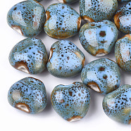Handmade Porcelain Beads, Fancy Antique Glazed Porcelain, Heart, Sky Blue, 14~15x16x9~10mm, Hole: 2mm(PORC-S498-15A-14)