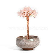 Undyed Natural Rose Quartz Chips Tree of Life Display Decorations, with Random Color Porcelain Bowls, Copper Wire Wrapped Feng Shui Ornament for Fortune, 66x100~110mm(TREE-PW0001-24A)