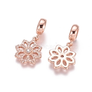 Brass Micro Pave Cubic Zirconia European Dangle Charms, Large Hole Pendants, Flower, Clear, Rose Gold, 24mm, Flower: 15x13x2mm, Hole: 5mm(ZIRC-E163-01RG)