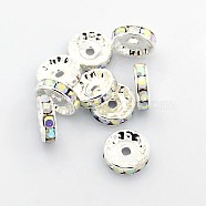 Brass Rhinestone Spacer Beads, Grade A, AB Color, Rondelle, Nickel Free, Clear AB, Silver Color Plated, Size: about 12mm in diameter, 4mm thick, hole: 2.5mm(RSB042NF-02)