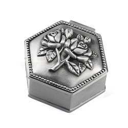 Hexagon Shaped Zinc Alloy Jewelry Box, 3D Rose Case for Gift Storage, Antique Silver, 5.6x5.8x3.4cm(OBOX-WH0001-03)