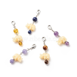 Natural Gemstone Beaded Pendant Decorations, with Resin Alephant, Lobster Clasp Charms, Clip-on Charms, for Keychain, Purse, Backpack Ornament, Stitch Marker, Platinum, 46~52mm(HJEW-JM00711-02)
