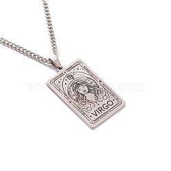 304 Stainless Steel Curb Chain Rectangle with Constellation Pendant Necklaces, Stainless Steel Color, Virgo, 23.62 inch(60cm)(PW-WG0F5D0-16)