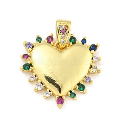 Heart Rack Plating Brass Micro Pave Colorful Cubic Zirconia Pendants, Cadmium Free & Lead Free, Real 18K Gold Plated, 19x19.5x3mm, Hole: 4.7x2.5mm(KK-Z053-01G)