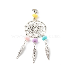 Tibetan Style Alloy Big Pendants, Woven Net/Web with Feather & Handmade Polymer Clay Beads, with Lobster Claw Clasps, Antique Silver & Platinum, 90x28mm(HJEW-JM00497-01)