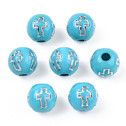 Plating Acrylic Beads, Silver Metal Enlaced, Round with Cross, Pale Turquoise, 8mm, Hole: 2mm, about 1800pcs/500g(PACR-Q113-10J)