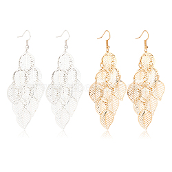 2 Pairs 2 Colors Alloy Aspen Leaf Chandelier Earrings, Cluster Long Drop Earrings for Women, Mixed Color, 89mm, Pin: 0.7mm, 1 Pair/color(EJEW-AN0001-49)