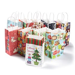 Christmas Theme Kraft Paper Gift Bags, with Handles, Shopping Bags, Mixed Patterns, 13.5x8x22cm(CARB-L009-AM)