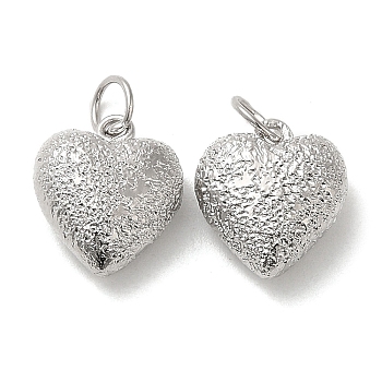 Rack Plating Brass Charms, with Jump Ring, Cadmium Free & Lead Free, Long-Lasting Plated, Puffed Heart Charm, Textured, Platinum, 13x11x5.5mm, Hole: 3.8mm
