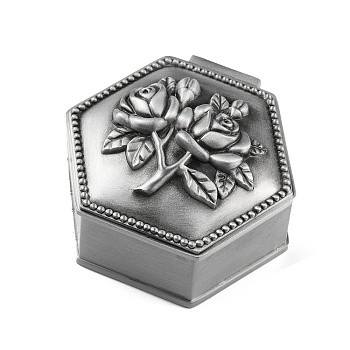 Hexagon Shaped Zinc Alloy Jewelry Box, 3D Rose Case for Gift Storage, Antique Silver, 5.6x5.8x3.4cm
