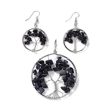 Brass Jewelry Sets, Big Pendants and Dangle Earrings, with Synthetic Blue Goldstone, Platinum, Ring with Tree of Life, 63~67x49~51x1.5~10mm, Hole: 4x5mm, 50~55x28~30x1.5~8mm, Pin: 0.8mm