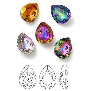 K9 Glass Rhinestone Cabochons, Point Back & Back Plated, Faceted, Teardrop, Mixed Color, 18x13x7mm