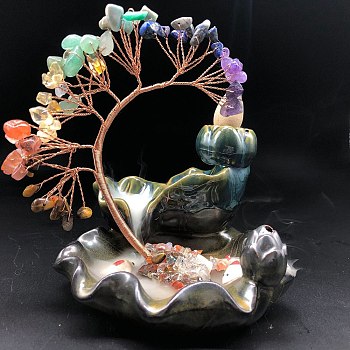 Gemstone Chips Tree Decorations, Ceramic Incense Holders Base Copper Wire Feng Shui Energy Stone Gift for Home Desktop Decoration, 115x105x160mm