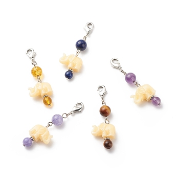 Natural Gemstone Beaded Pendant Decorations, with Resin Alephant, Lobster Clasp Charms, Clip-on Charms, for Keychain, Purse, Backpack Ornament, Stitch Marker, Platinum, 46~52mm