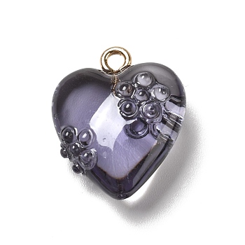 Transparent Resin Pendants, with Golden Tone Iron Loops, Heart with Flower, Indigo, 20x17x8.5mm, Hole: 2mm
