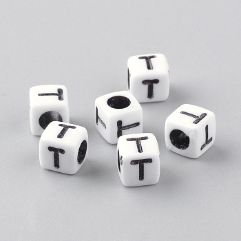 Opaque Acrylic Beads, Horizontal Hole, Letter Style, Cube, Letter.T, 6x6x6mm, Hole: 3mm, about 204pcs/34g