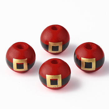 Painted Natural Wood Beads, Round with Belt, Christmas Style, Red, 16x15mm, Hole: 4mm