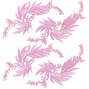4Pcs 2 Style Leaf Computerized Embroidery Cloth Iron on/Sew on Patches, Costume Accessories, Appliques, Pink, 160x77x1mm, 2pcs/style
