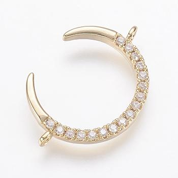 Brass Micro Pave Cubic Zirconia Links, Clear, Cadmium Free & Nickel Free & Lead Free, Moon, Real 18K Gold Plated, 21.5x15x2mm, Hole: 1mm
