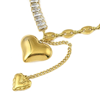 304 Stainless Steel Pave Clear Cubic Zirconia Heart Tassel Cable Chain Necklaces for Women, Golden, 15.75 inch(40cm)