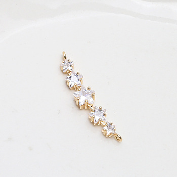Brass Pave Clear Cubic Zirconia Connector Charms, Golden, Star, 44x13mm
