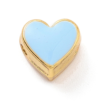 Eco-friendly Rack Plating Brass Enamel Beads, Cadmium Free & Lead Free, Long-Lasting Plated, Real 18K Gold Plated, Heart, Light Sky Blue, 7x7.5x5mm, Hole: 1.2mm