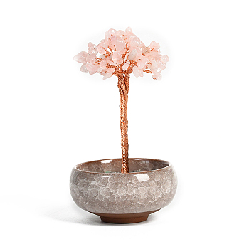 Undyed Natural Rose Quartz Chips Tree of Life Display Decorations, with Random Color Porcelain Bowls, Copper Wire Wrapped Feng Shui Ornament for Fortune, 66x100~110mm