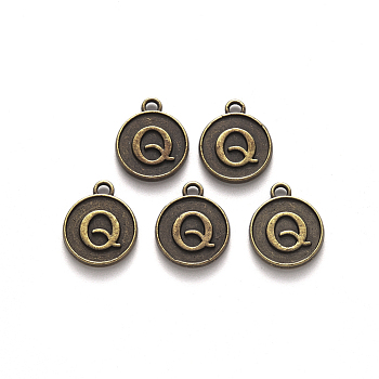 Alloy Pendant Cabochon Settings, For Enamel, Cadmium Free & Lead Free, Flat Round with Letter, Antique Bronze, Letter.Q, 14x12x2mm, Hole: 1.5mm