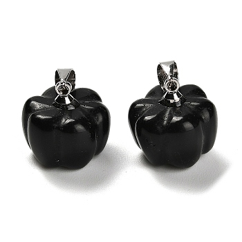 Natural Obsidian Pumpkin Charms, with Platinum Tone Rack Plating Brass Snap on Bails, Lead Free & Cadmium Free, 13.5x13mm, Hole: 4x3.5mm