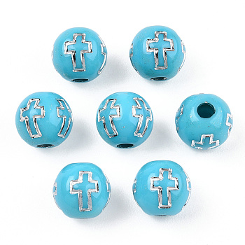 Plating Acrylic Beads, Silver Metal Enlaced, Round with Cross, Pale Turquoise, 8mm, Hole: 2mm, about 1800pcs/500g