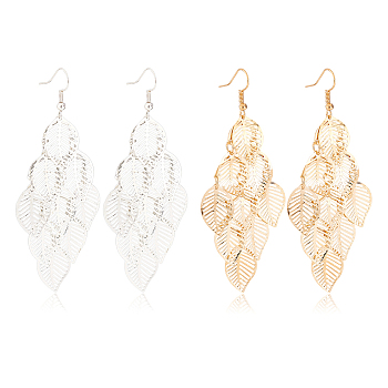 2 Pairs 2 Colors Alloy Aspen Leaf Chandelier Earrings, Cluster Long Drop Earrings for Women, Mixed Color, 89mm, Pin: 0.7mm, 1 Pair/color