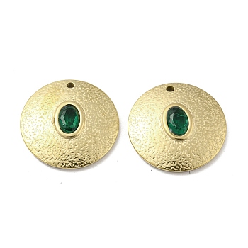 304 Stainless Steel Pendants, with Emerald Rhinestone, Flat Round Charms, Real 14K Gold Plated, 20x3mm, Hole: 1.2mm