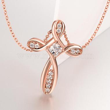 Real Rose Gold Plated Brass Cubic Zirconia Cross Pendant Necklaces(NJEW-BB05740-RG)-4