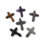 Natural Mixed Stone Carved Pendants, Cross Charms, 47x36x8mm, Hole: 1.2mm(G-K248-02)