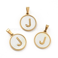 Vacuum Plating 304 Stainless Steel with White Shell Pendants, Golden, Flat Round with Letter Charm, Letter.J, 18x16x1.5mm, Hole: 3x6mm(STAS-G268-01J-G)