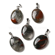 Natural African Bloodstone Pendants, Oval Charms with Rack Plating Platinum Plated Brass Snap on Bails, 30x21.5~22x6~6.5mm, Hole: 6x4mm(G-Z055-03P-01)