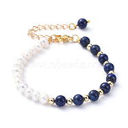 Natural Pearl & Natural Lapis Lazuli(Dyed) Beaded Bracelets, with Iron Chain Extender, 304 Stainless Steel Lobster Claw Clasps and Brass Beads, 7-1/4 inch(18.5cm)(BJEW-JB05153-04)
