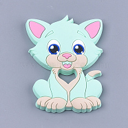 Food Grade Eco-Friendly Silicone Kitten Cabochons, Chewing Beads For Teethers, DIY Nursing Necklaces Making, Cartoon Cat, Aquamarine, 90~91x64x9.5mm(SIL-T052-08C)