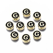 Alloy Enamel Beads, Cadmium Free & Lead Free, Light Gold, Flat Round with Alphabet, Black, Letter.G, 8x4mm, Hole: 1.5mm(ENAM-N052-006-02G-RS)