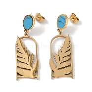 Leaf 304 Stainless Steel Stud Earrings, Synthetic Turquoise Dangle Earrings for Women, Real 18K Gold Plated, 40.5x13mm(EJEW-L283-033G)