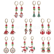 8 Pair 8 Style Glass Dangle Leverback Earrings, Golden Alloy Jewelry, Christmas Hat & Candy Cane & Tree & Snowflake & Santa Claus, Mixed Color, 41~52x6~23mm, 1 Pair/style(EJEW-JE05286)
