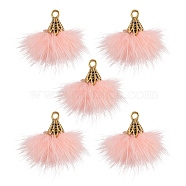 Faux Mink Fur Tassel Pendant Decorations, with Antique Golden Alloy Findings, Pink, 20~30x28~30mm, Hole: 1.8mm(FIND-YW0002-24E)