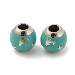 Alloy Enamel European Beads, Large Hole Beads, Round with Dolphin, Platinum, 14x13.5mm, Hole: 5mm(FIND-E044-05P)