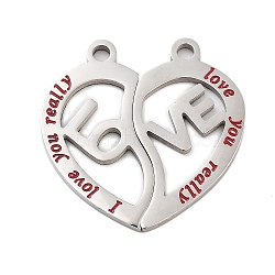 Non-Tarnish 304 Stainless Steel Split Pendants, Love Heart with Word I Love You Really Charm, Stainless Steel Color, 26x25x1mm, Hole: 2mm(STAS-Z078-28P)