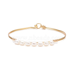 Natural Pearl Beaded Bangle, Copper Wire Wrap Jewelry for Women, Golden, Inner Diameter: 2-3/8 inch(6.1cm)(BJEW-JB08163-02)