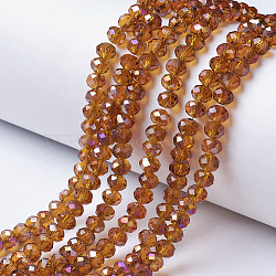 Electroplate Transparent Glass Beads Strands, Half Rainbow Plated, Faceted, Rondelle, Dark Goldenrod, 3x2mm, Hole: 0.8mm, about 150~155pcs/strand, 15~16 inch(38~40cm)(EGLA-A034-T2mm-F08)