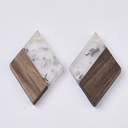 Transparent Resin & Walnut Wood Pendants, with Silver Foil, Waxed, Rhombus, Silver, 29x19.5x3.5mm, Hole: 2mm(X-RESI-T042-01-A02)